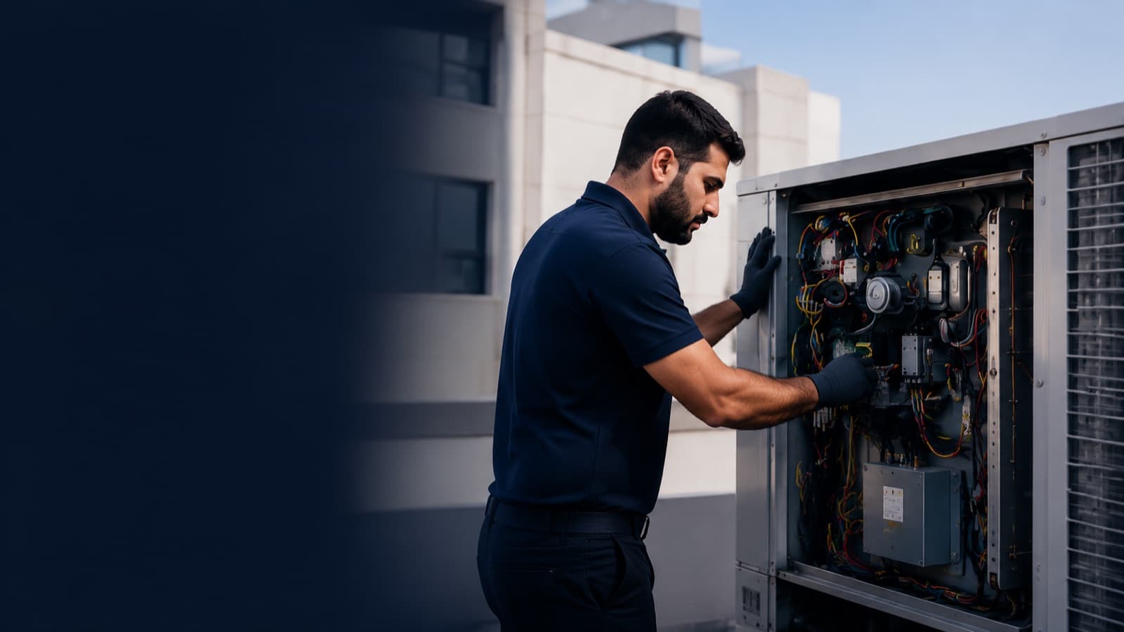 فني يصلح وحدة تكييف على سطح مبنى.