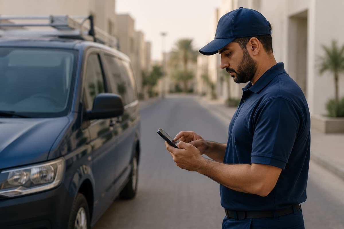 فني يطالع مهمته التالية على هاتفه بجانب سيارة الشركة.